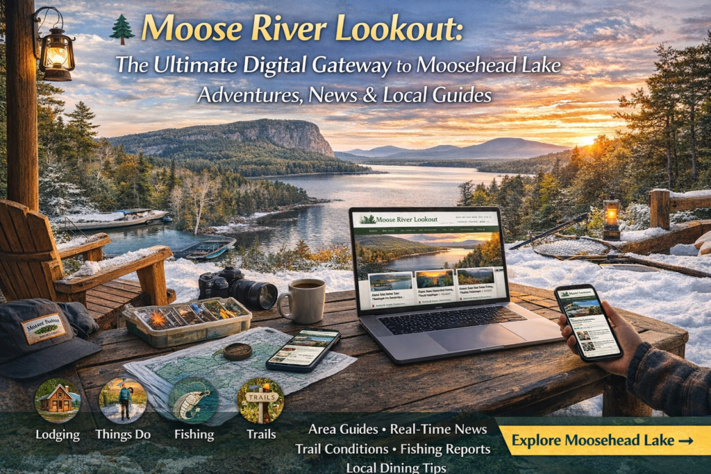 Moose River Lookout website displayed on laptop overlooking Moosehead Lake and Mount Kineo at sunset in Rockwood Maine promoting local guides and adventures.
