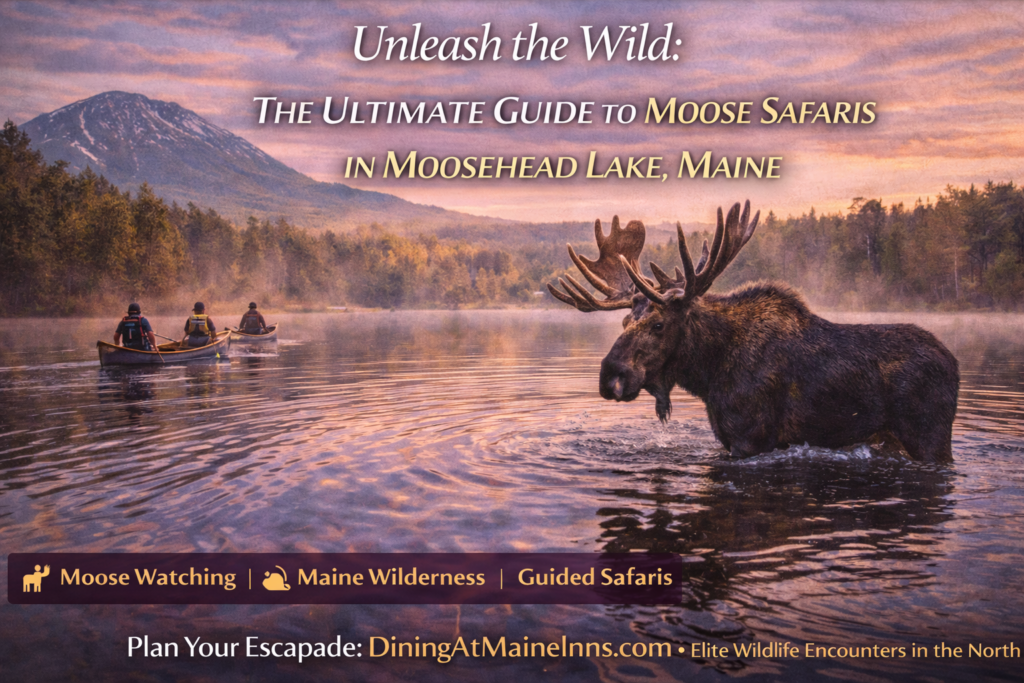 Bull moose standing in a misty pond during a guided moose safari near Moosehead Lake in Greenville, Maine