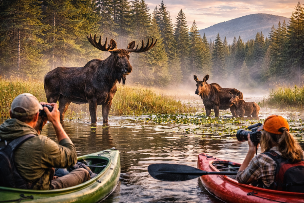 Bull moose standing in misty wetlands at Moosehead Lake, Maine during sunrise, showcasing a wildlife safari experience in the North Woods.