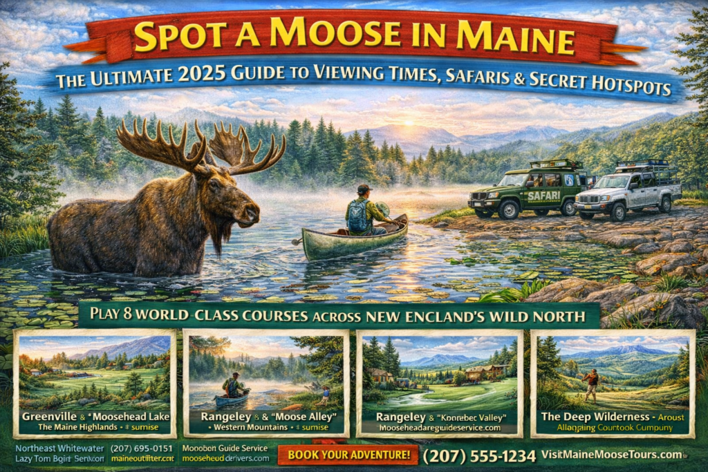 Vibrant 16:9 promotional illustration of a bull moose standing in a misty Maine lake at sunrise, canoeist paddling nearby, 4x4 safari vehicles on a forest road, and North Woods mountains representing Moosehead Lake, Rangeley, and Aroostook wildlife regions.
