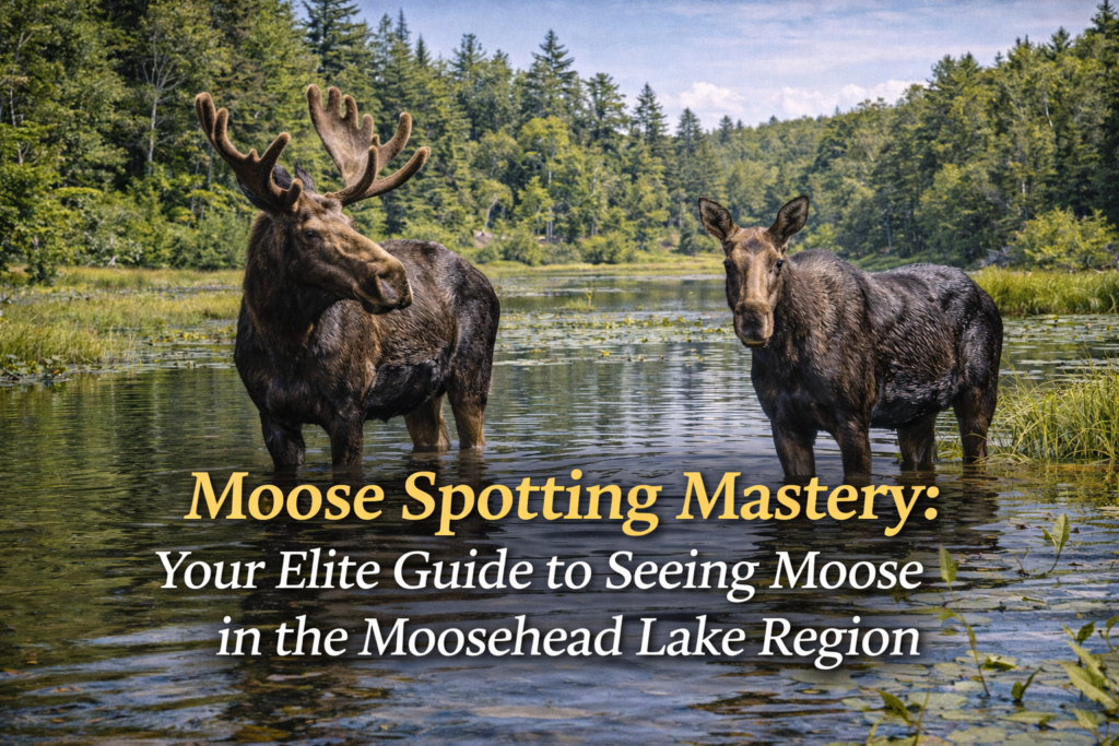 Two adult moose standing at the edge of a forest clearing near Moosehead Lake, Maine, during early morning light in the Maine Highlands.