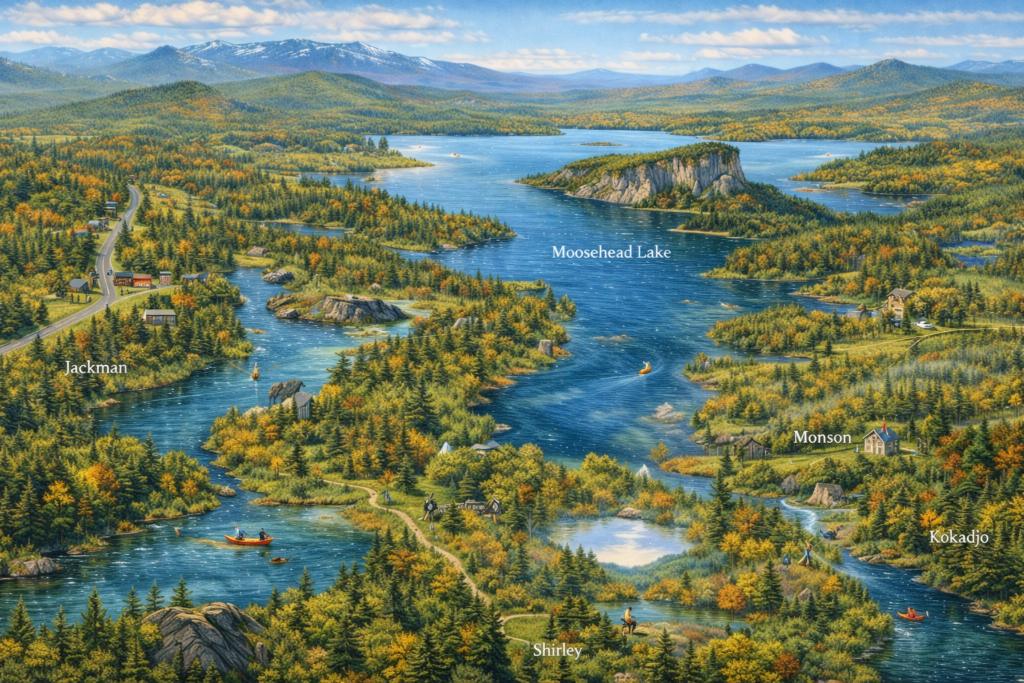 Scenic illustrated map of Moosehead Lake Region Maine featuring Mount Kineo, Moosehead Lake, Jackman, Rockwood, Monson, Kokadjo, Shirley, rivers, forests, mountains, and outdoor recreation in the North Woods.