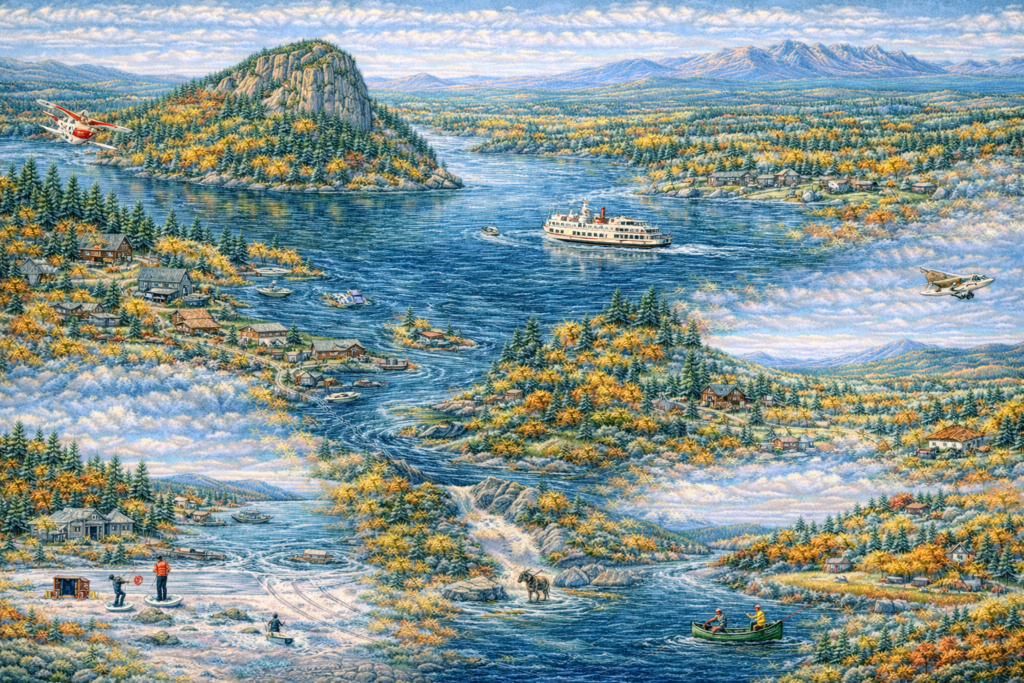 Illustrated fall map of Moosehead Lake, Maine featuring Mount Kineo cliffs, the Katahdin steamship, forested islands, Moose River, lakeside cabins, seaplane tours, and vibrant autumn foliage.