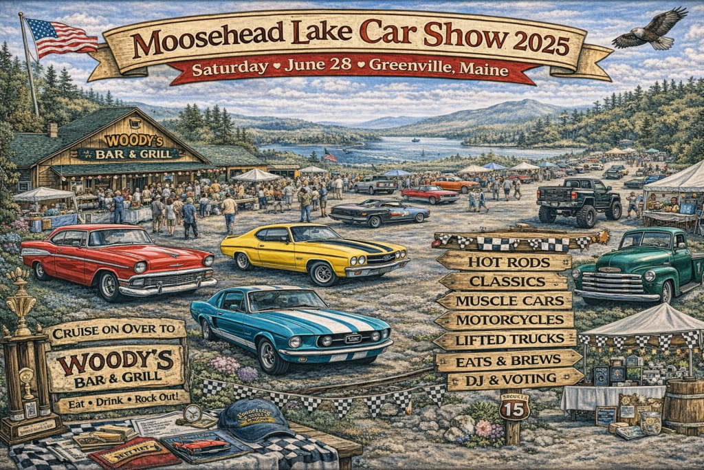 Illustrated map-style promotional image of the Moosehead Lake Car Show 2025 at Woody’s Bar & Grill in Greenville, Maine, featuring classic cars, muscle cars, lifted trucks, food tents, live music, and scenic views of Moosehead Lake and surrounding mountains.