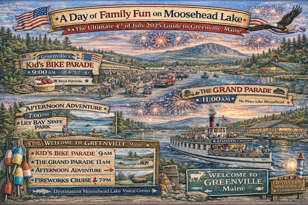 Illustrated 16:9 event map of Greenville, Maine 4th of July 2025 celebration on Moosehead Lake featuring kids bike parade, downtown grand parade, Steamboat Katahdin fireworks cruise, and patriotic festivities with Mount Kineo in the background.
