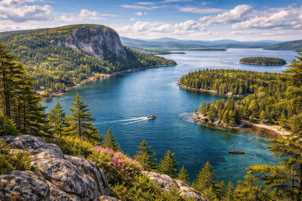 Panoramic view of Moosehead Lake in Maine with crystal-clear blue water, forested islands, boats and kayaks on the lake, and the dramatic cliffs of Mount Kineo rising above the surrounding North Woods wilderness.