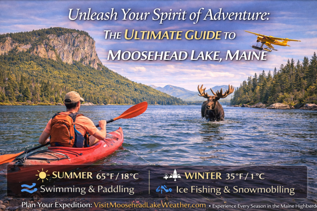 Panoramic view of Moosehead Lake in Maine with mountains, forest shoreline, and calm blue water showcasing outdoor adventure and wilderness scenery.