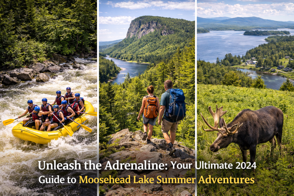 Summer adventure at Moosehead Lake in Maine with kayaking, mountain hiking, clear blue water, forested shoreline, and scenic wilderness views in the Maine Highlands