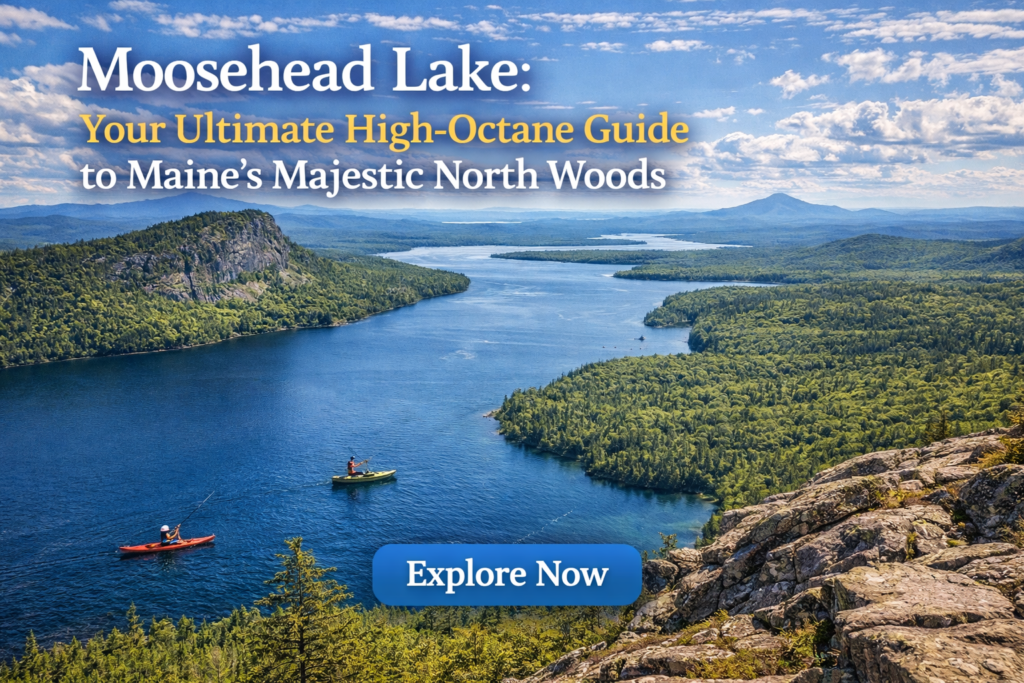 Sunrise over Moosehead Lake in Maine with calm blue water, forested shoreline, and mountain peaks reflecting in the lake under vibrant natural light.