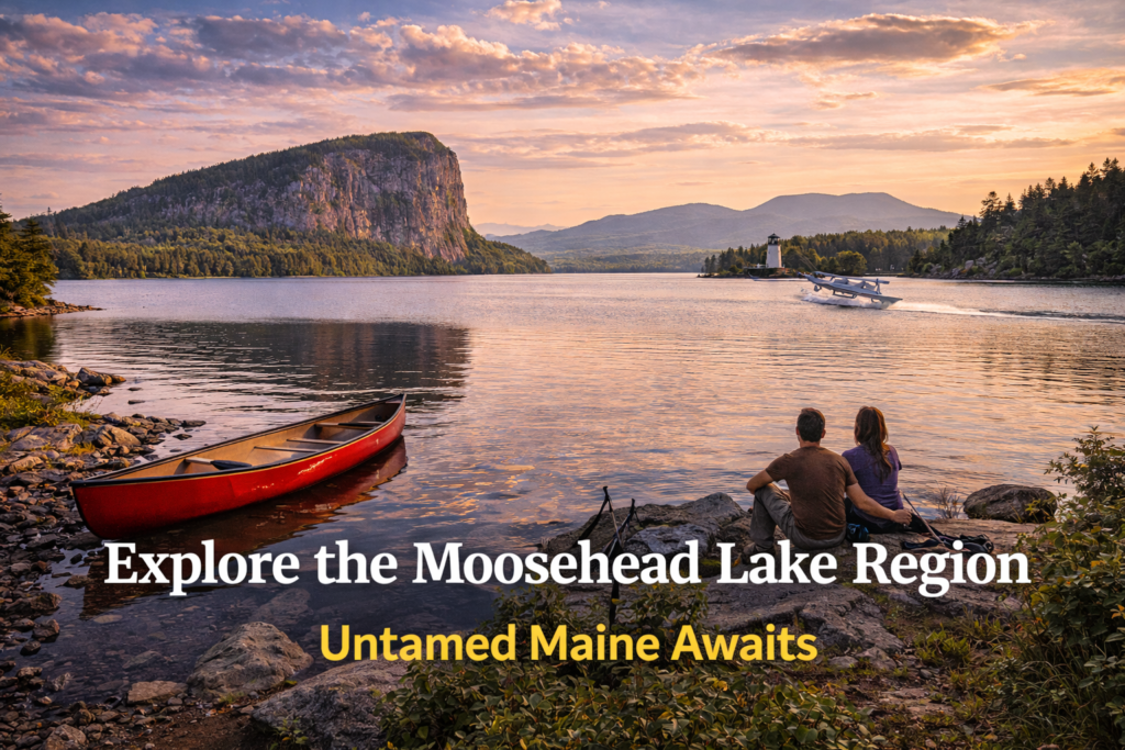 Panoramic view of Moosehead Lake in Maine with forested mountains, calm blue water, and remote North Woods wilderness under natural summer light.