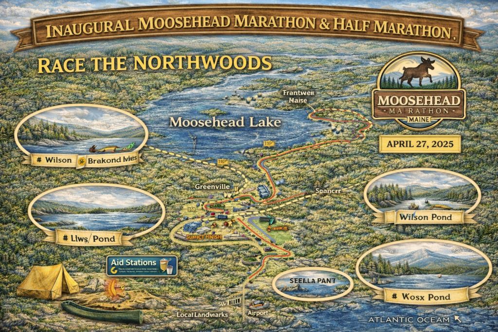 Illustrated map of the Inaugural Moosehead Marathon and Half Marathon in Greenville, Maine, showing race routes around Moosehead Lake, Wilson Pond, Greenville Airport, aid stations, and start/finish at Greenville Consolidated Schools with scenic Northwoods backdrop.