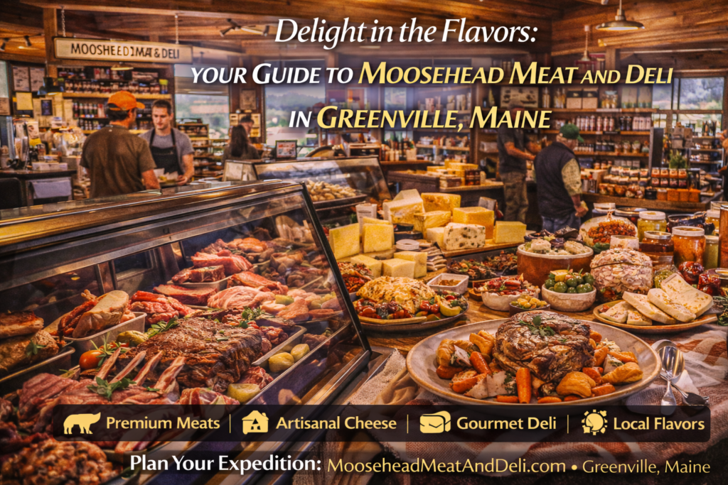 Moosehead Meat and Deli in Greenville, Maine showcasing premium butcher cuts, gourmet deli sandwiches, and fresh local provisions near Moosehead Lake.