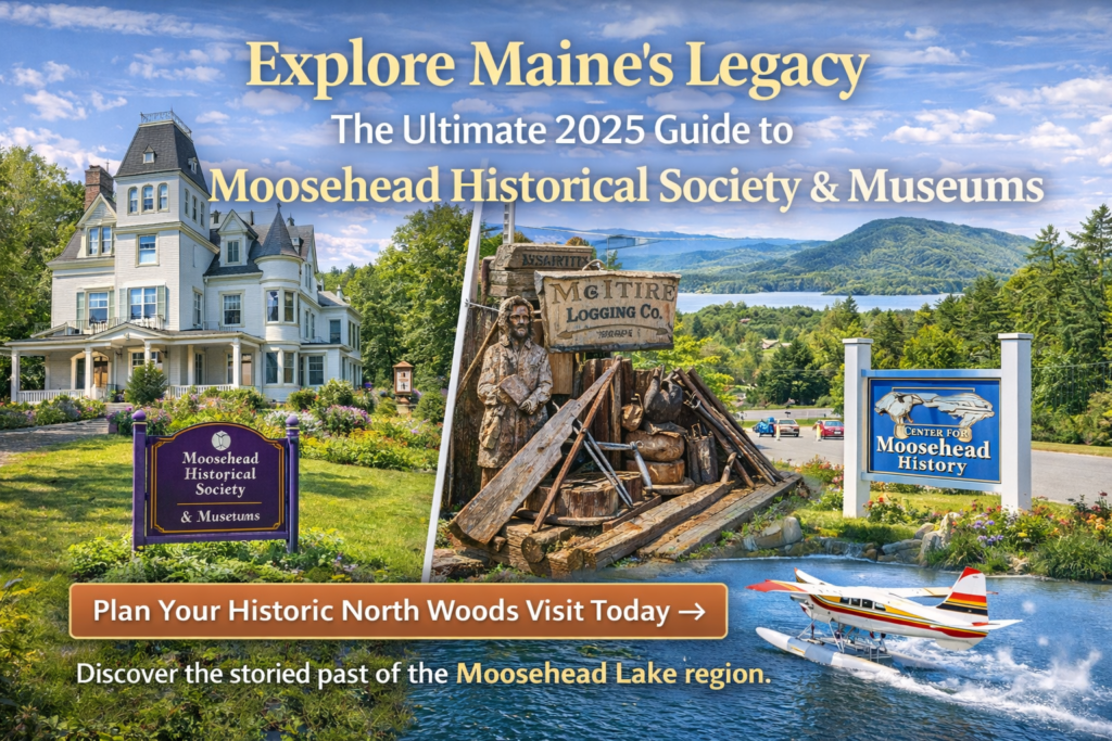 Moosehead Historical Society & Museums in Greenville Junction Maine featuring Victorian Eveleth-Crafts-Sheridan House, logging camp exhibit, Moosehead Lake views, and floatplane in the Maine Highlands.