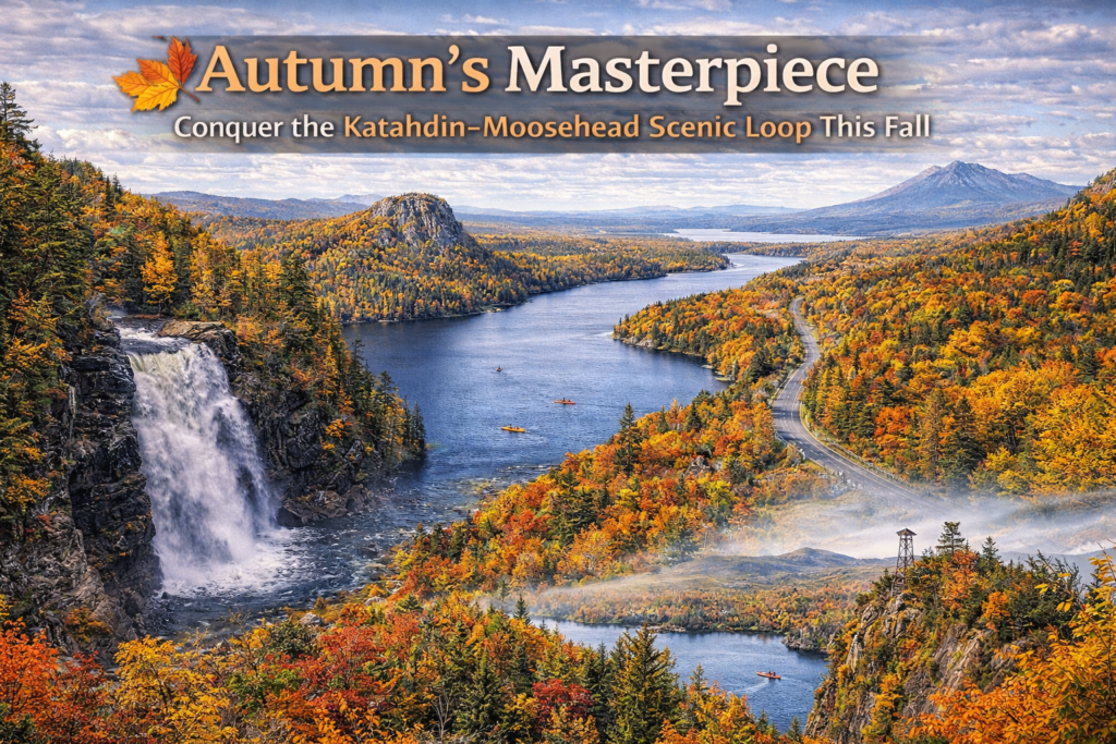 Autumn foliage along the Katahdin–Moosehead Scenic Loop featuring Moosehead Lake, mountain ridgelines, and Maine wilderness in peak fall color