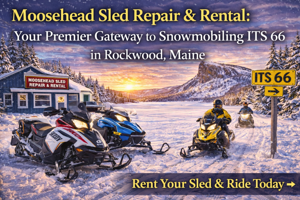 Snowmobiles outside Moosehead Sled Repair & Rental in Rockwood Maine with Mt. Kineo and ITS 66 trail sign at sunset on Moosehead Lake during winter.