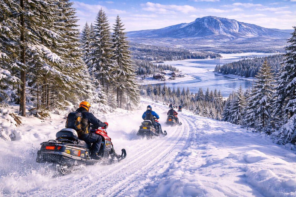 Snowmobilers riding groomed trails through snow-covered forests and frozen lakes in Maine’s Moosehead Lake region during winter