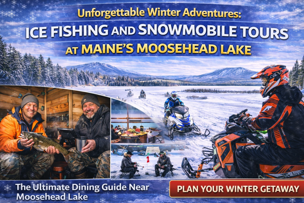 Guided ice fishing shack and snowmobiles on frozen Moosehead Lake with mountain views in winter, Maine.