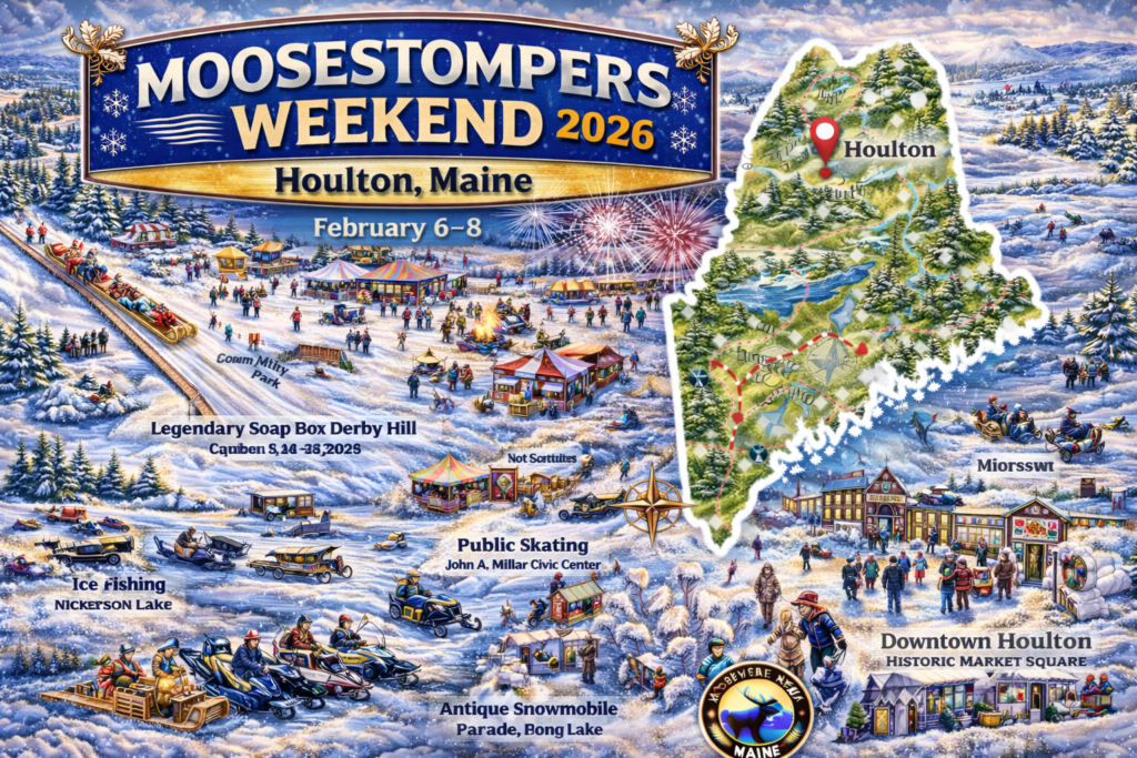 Illustrated 16:9 map of Moosestompers Weekend 2026 in Houlton Maine featuring Community Park sledding hill, antique snowmobile parade, skating at John A. Millar Civic Center, Nickerson Lake ice fishing, and Moosehead News logo.