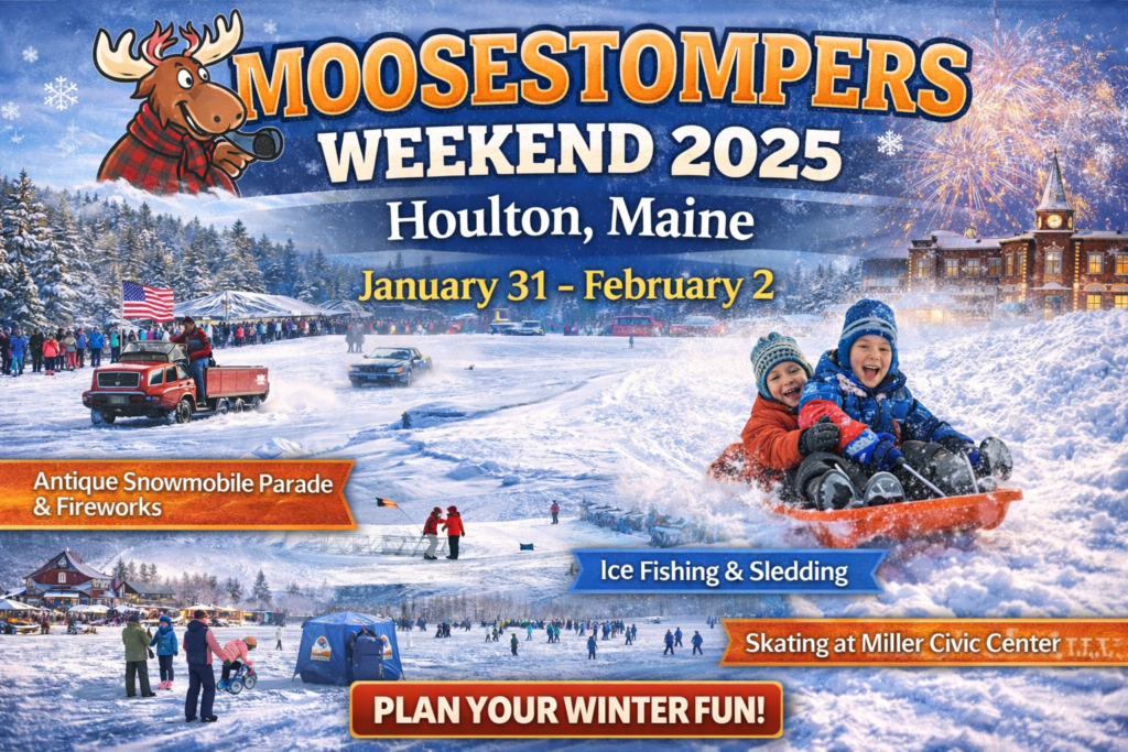 Moosestompers Weekend winter festival in Houlton Maine featuring snowmobiling, ice fishing, sledding, fireworks, and community celebrations in Aroostook County.