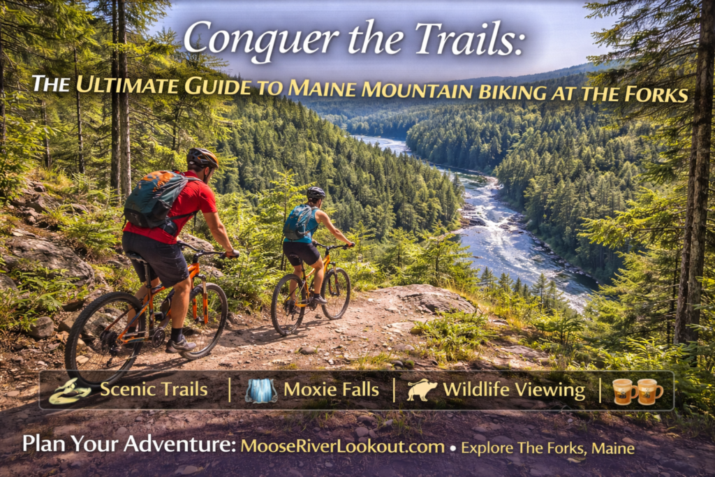 Mountain bikers riding the Forks Area Scenic Trail along the Kennebec River in The Forks, Maine, surrounded by forested hills and wilderness scenery.