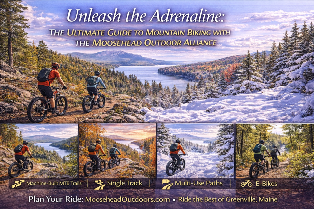 Multi-season views of the Moosehead Lake region in Maine showing spring greenery, summer water activities, fall foliage, and winter snow adventures.