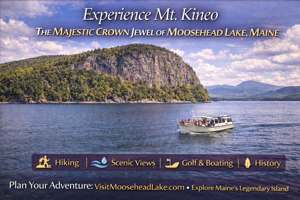 Mount Kineo rising above Moosehead Lake in Maine, featuring dramatic cliffs, forested shoreline, and deep blue water on a clear day