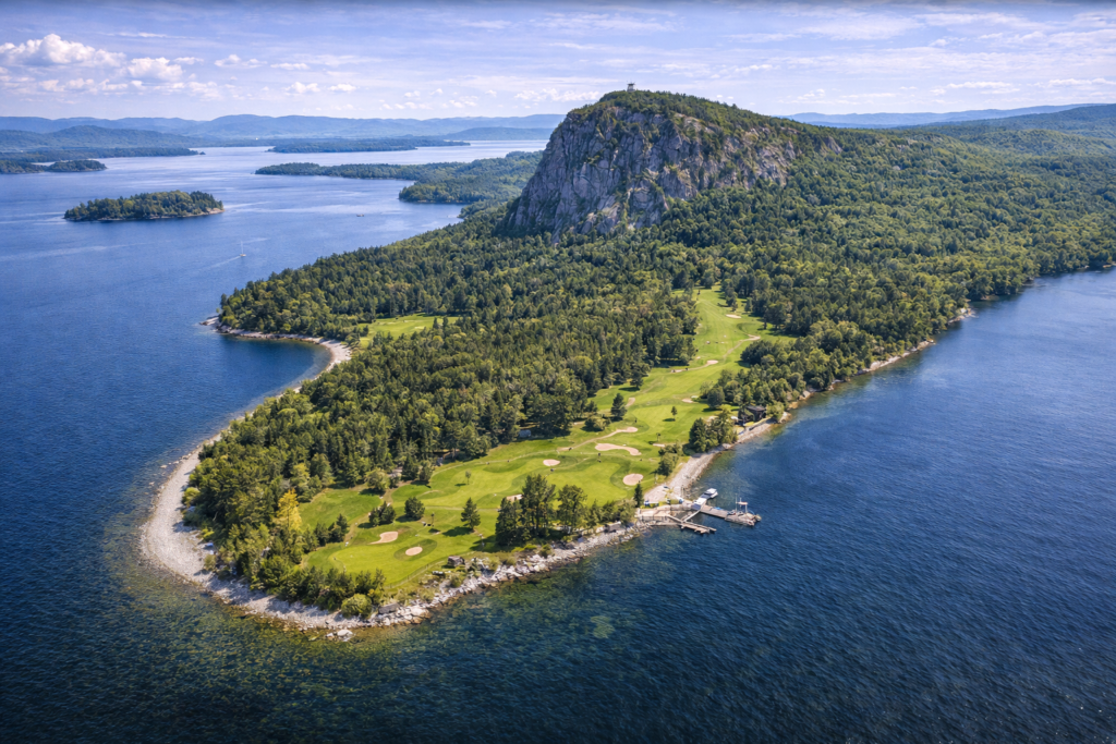 Aerial view of Mount Kineo State Park rising above Moosehead Lake in Rockwood, Maine, showing the dramatic 700-foot cliff face, forested summit, hiking trails, and surrounding deep blue waters on a clear summer day.
