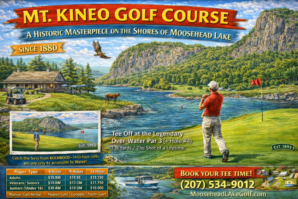 Vibrant 16:9 promotional illustration of Mt. Kineo Golf Course on Moosehead Lake in Rockwood, Maine, featuring a golfer teeing off on the iconic over-water 4th hole, Mount Kineo’s towering cliffs, scenic North Woods shoreline, and ferry access from Rockwood.