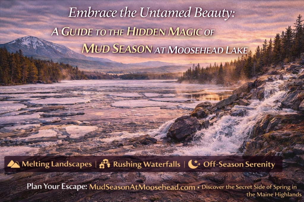 Early spring mud season at Moosehead Lake in Maine, showing thawing forest trails, flowing streams, and peaceful wilderness during the off-season