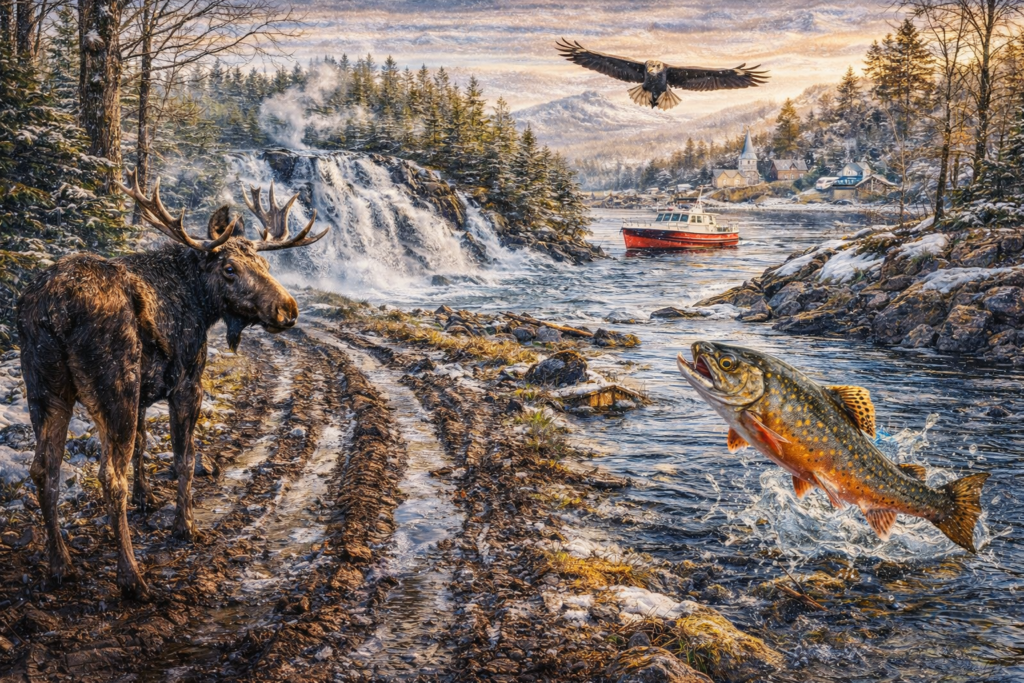 Spring mud season scene in Maine showing a moose standing beside a muddy backroad, a rushing snowmelt waterfall, a brook trout leaping in cold water, and a bald eagle soaring above a thawing river with a quiet coastal village in the distance.