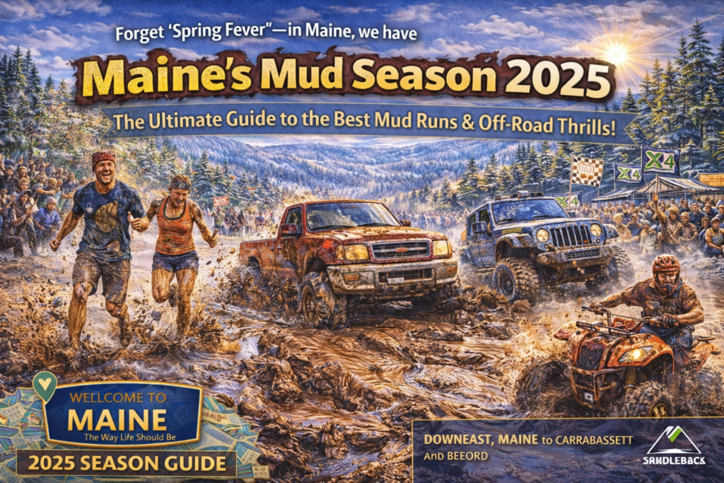 Maine Mud Season 2025 off-road adventure with ATVs, 4x4 trucks, and runners splashing through deep mud during a spring mud run event in Maine’s forested backcountry.