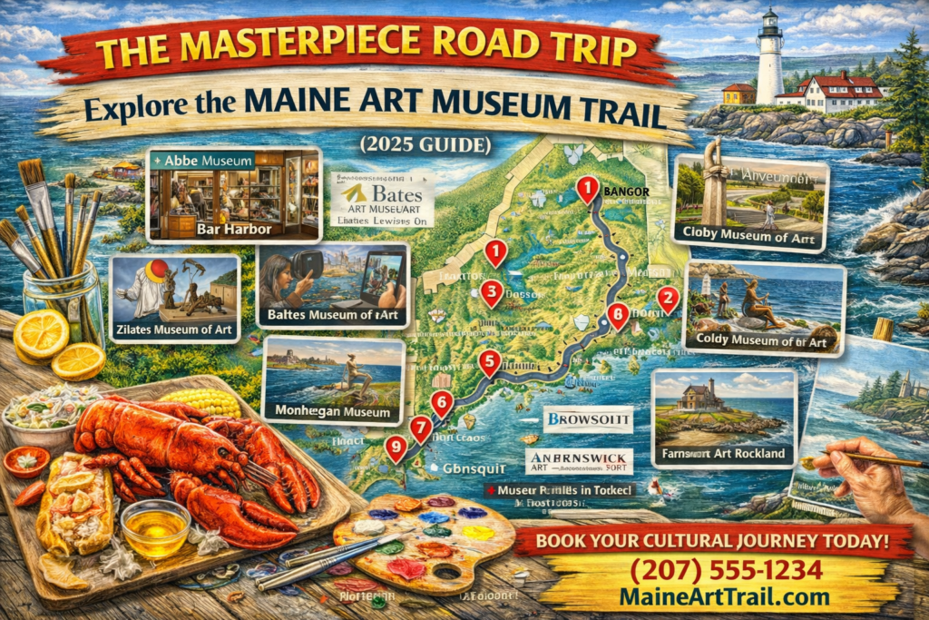 Vibrant 16:9 promotional illustration of the Maine Art Museum Trail featuring a scenic Maine coastline with lighthouse, detailed state map marking nine museum stops from Bar Harbor to Portland and Bangor, framed artwork previews, and coastal road trip imagery.