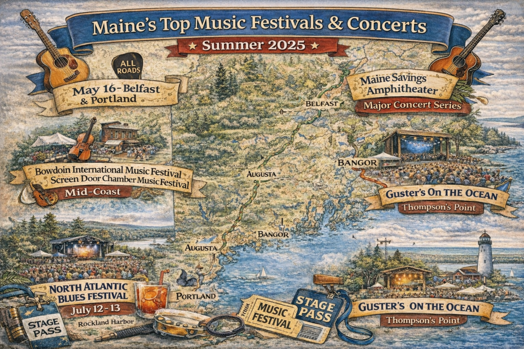 Illustrated 16:9 map of Maine highlighting 2025 music festivals and concerts including Portland, Bangor, Rockland, Belfast, Camden, and Lubec with coastal scenery, forests, and waterfront amphitheaters.