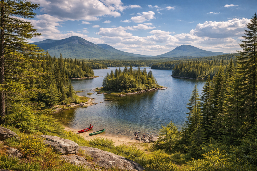 Scenic view of Nahmakanta Public Reserved Land in Maine featuring pristine ponds, dense evergreen forest, and remote wilderness landscapes in the Maine Highlands.