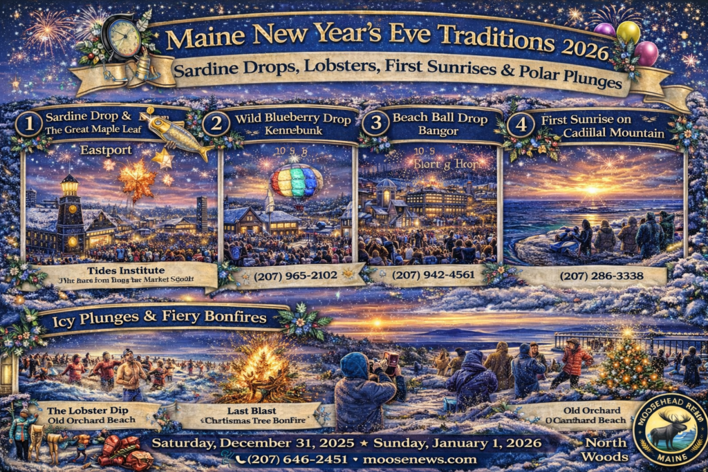 Illustrated 16:9 map of Maine New Year’s Eve Traditions 2026 featuring Eastport Sardine Drop, Kennebunk Wild Blueberry Drop, Bangor Beach Ball Drop, Cadillac Mountain first sunrise, and Old Orchard Beach Lobster Dip with winter fireworks and coastal scenery.