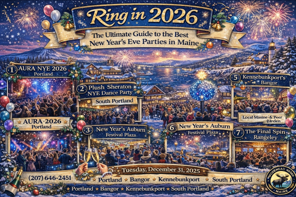 Colorful 16:9 illustrated map of Maine highlighting New Year’s Eve 2026 celebrations in Portland, Bangor, Kennebunkport, Auburn, Rangeley, and South Portland with fireworks over snowy coastal and mountain scenery and Moosehead News logo.