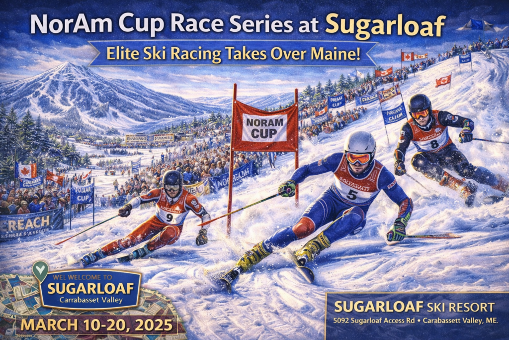 Elite alpine ski racers competing on Sugarloaf Mountain’s Narrow Gauge Trail during the NorAm Cup Race Series, with spectators and Carrabassett Valley scenery in Maine.