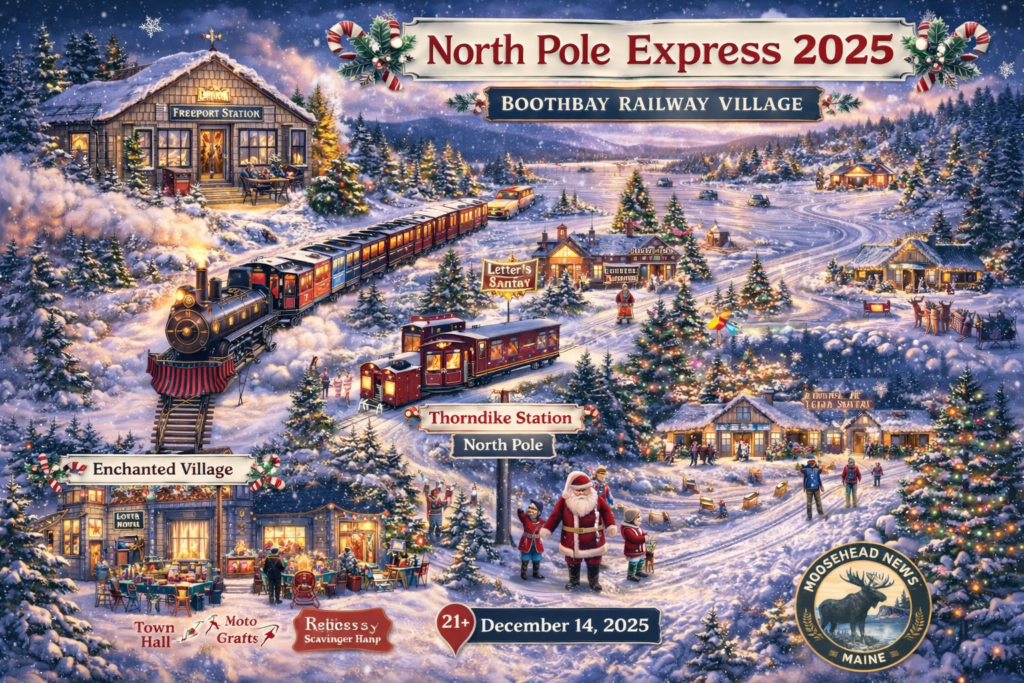 North Pole Express 2025 at Boothbay Railway Village Museum in Boothbay, Maine featuring a festive steam train, snowy village map, Santa at Thorndike Station, and illuminated Christmas scenes along the Midcoast.