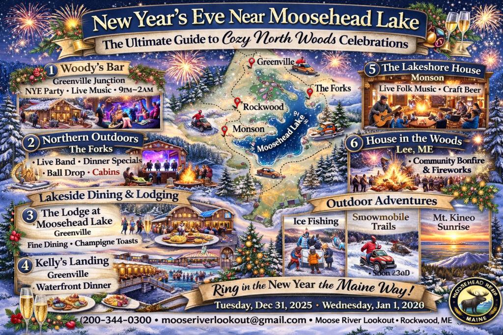 Vibrant illustrated 16:9 winter map of New Year’s Eve Near Moosehead Lake 2026 featuring Greenville, Rockwood, Monson, and The Forks with fireworks, cozy lodges, live music venues, ice fishing, snowmobiling, Mt. Kineo sunrise, and festive North Woods celebrations.