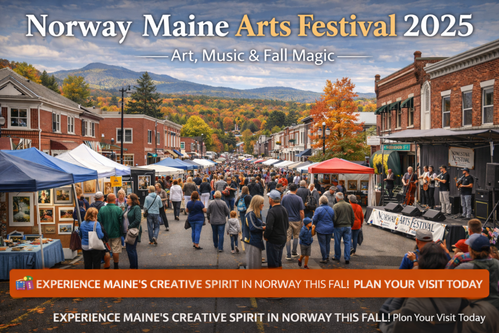 Crowds exploring artist booths and live music stages along historic Main Street during the Norway Maine Arts Festival 2025 in downtown Norway, Maine, surrounded by early fall foliage and classic New England architecture.