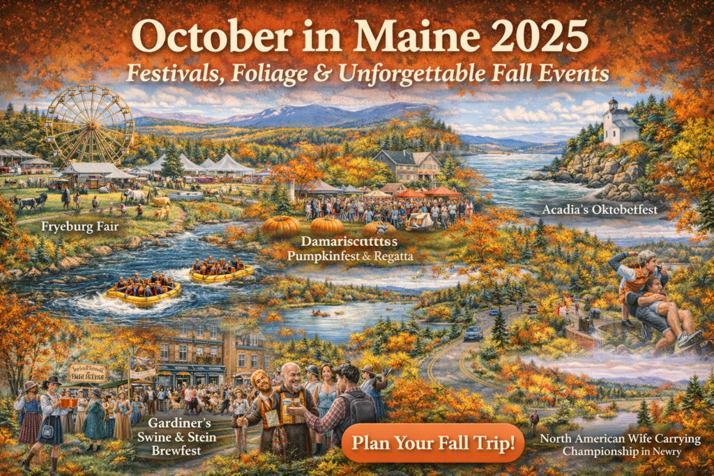 Vibrant fall festival scenes across Maine featuring Fryeburg Fair, Damariscotta Pumpkinfest, Acadia coastline, foliage scenic drives, whitewater rafting, and autumn events with colorful October leaves.