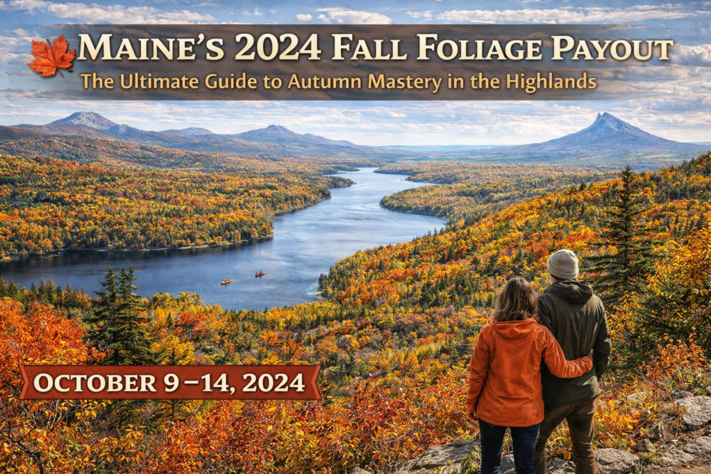 Peak fall foliage in the Maine Highlands with vibrant red, orange, and gold trees surrounding rivers, lakes, and mountains during autumn.