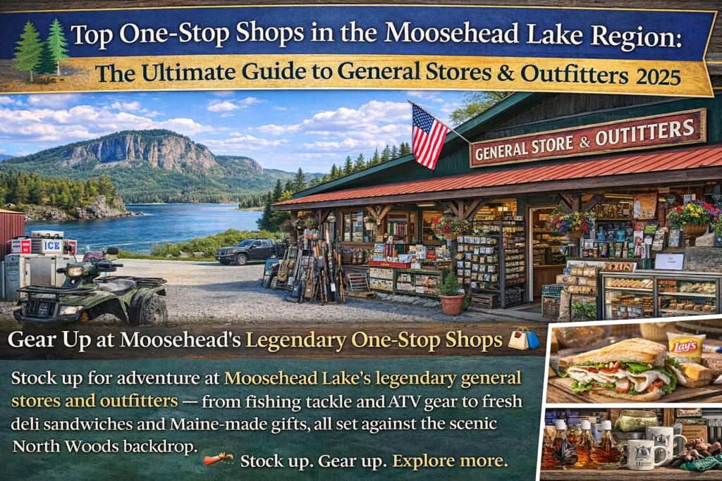 General store and outfitter in the Moosehead Lake region of Maine with Mt. Kineo and Moosehead Lake in the background, featuring ATV gear, fishing equipment, deli sandwiches, and Maine-made gifts.