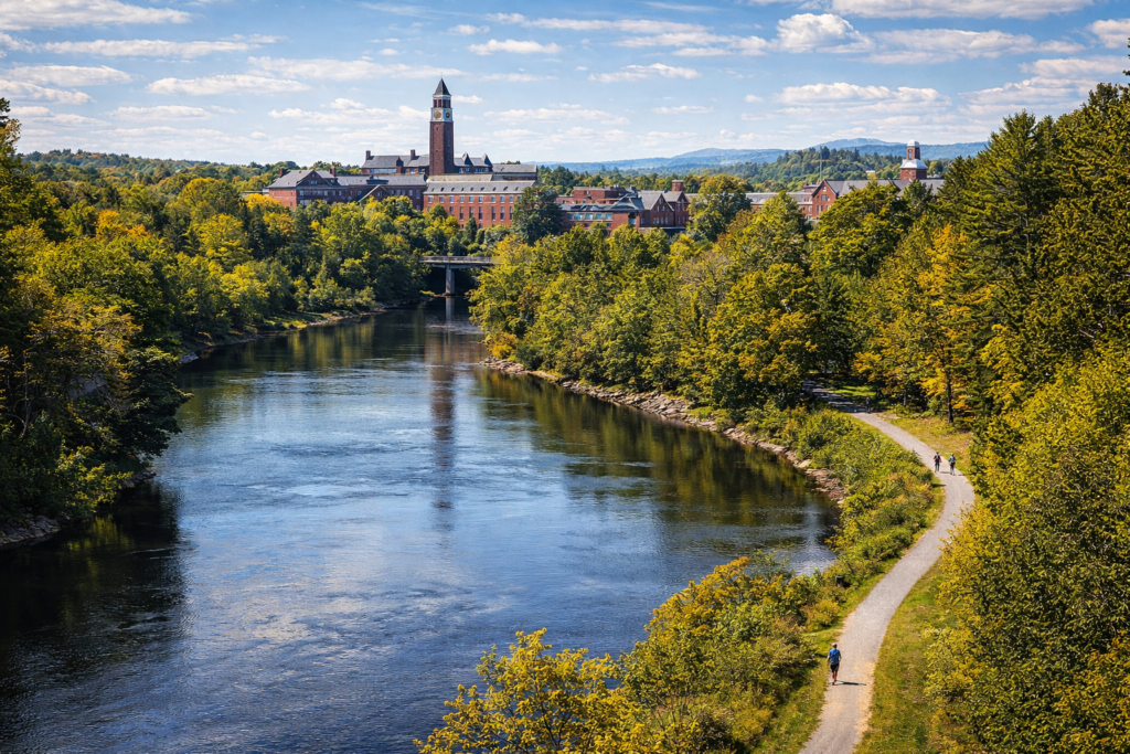 Early morning view of Orono, Maine along the Penobscot River with fall foliage, wooded riverbanks, and the University of Maine campus in the background.