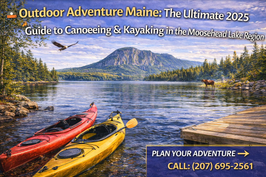 Kayaks docked on Moosehead Lake in Rockwood, Maine with Mount Kineo in the background, a moose along the shoreline, and a bald eagle flying overhead on a calm spring day.