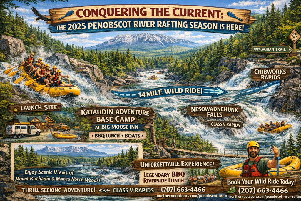 Illustrated 16:9 map of the 2025 Penobscot River rafting season in Maine showing Class V rapids like Cribworks and Exterminator, Nesowadnehunk Falls, Mount Katahdin views, Appalachian Trail crossing, and launch site at Big Moose Inn near Millinocket.