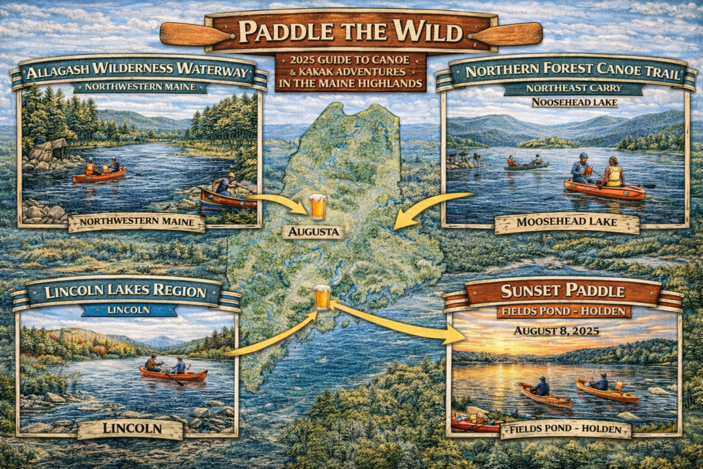 Illustrated 16:9 map of The Maine Highlands highlighting Allagash Wilderness Waterway, Northern Forest Canoe Trail, Moosehead Lake, Lincoln Lakes Region, and Fields Pond Sunset Paddle 2025 canoe and kayak destinations.