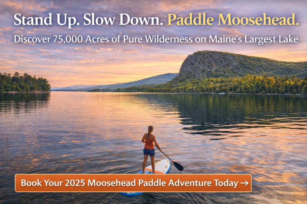 Stand-up paddleboarder gliding across Moosehead Lake at sunrise with Mount Kineo cliffs in the background, Rockwood Maine summer adventure.