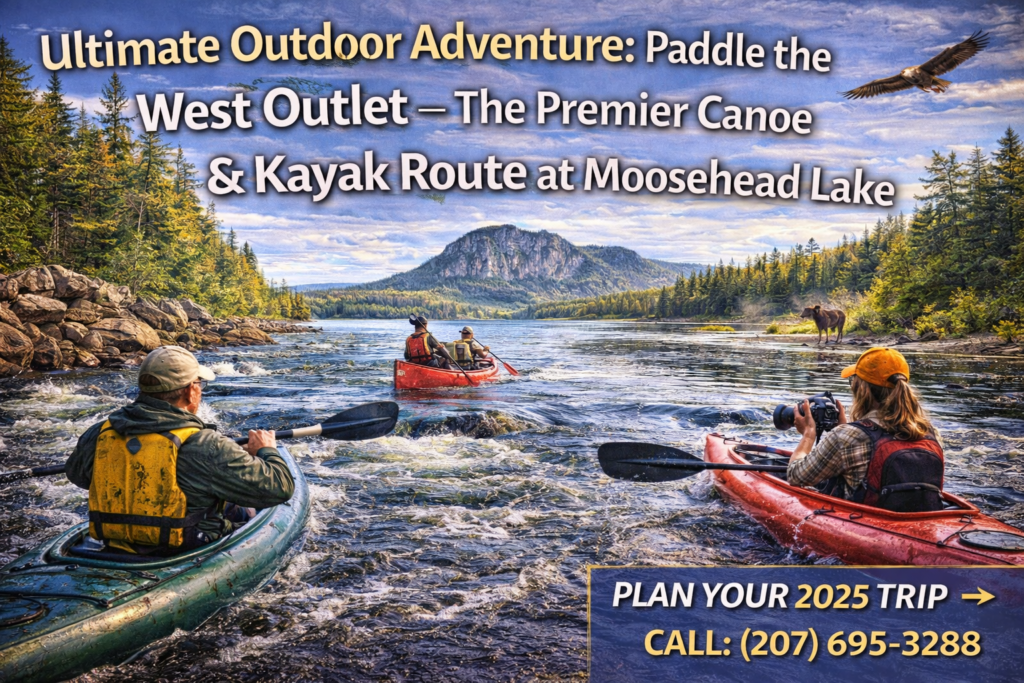 Kayakers and canoeists paddling the West Outlet of the Kennebec River near Moosehead Lake with Mount Kineo in the background, a moose wading along the shoreline, and a bald eagle flying overhead in Maine’s North Woods.