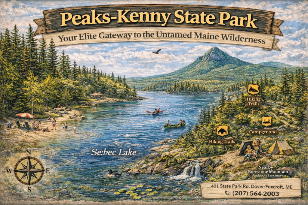 Illustrated map of Peaks-Kenny State Park in Maine highlighting Sebec Lake, hiking trails, beaches, camping areas, and nearby Borestone Mountain in the Maine Highlands.